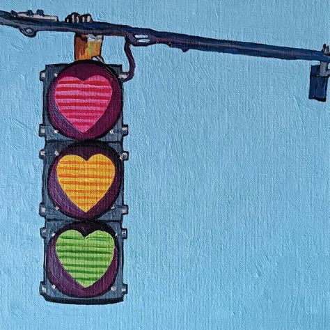 Heart Shaped Traffic Lights Painting Original oil painting. No.917 - Traffic Lights It's painted on January 2024. Oil on 20x20x0,3 cm - 8x8x0,12 inches canvas board.  It's an original painting, not a print nor a reproduction. Worldwide shipping. It will be shipped safely, wrapped with bubble wrap in a box.  Thank you! Cute Oil Painting Easy, Paintings About Love Easy, In Love Painting Ideas, Happy Acrylic Painting, Ideas Of Paintings Canvases, Graphic Art Painting, Easy Indie Paintings, Silly Paintings On Canvas, Painting To Give To Boyfriend