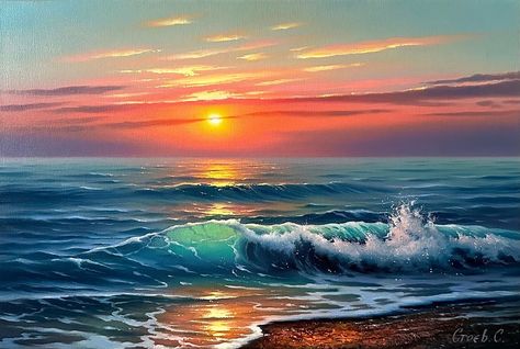 Acrylic Mountains, Seascapes Paintings, Sunrise Oil Painting, Coastal Scenery, Beach Sunset Painting, Ocean Landscape Painting, Ocean Art Painting, Sunset Seascape, Ocean Waves Painting