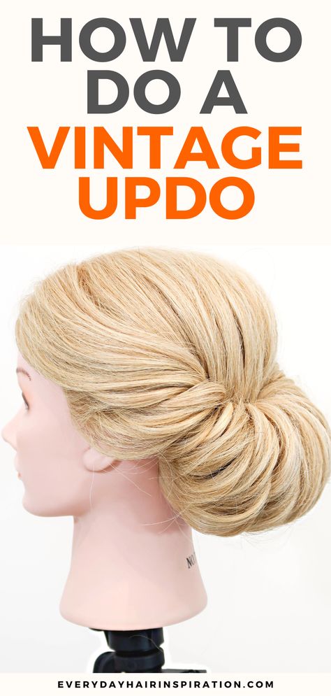 Vintage updo 1930 Updo, 1950s Updos For Long Hair, Fun Hair Updos Simple, Vintage Hair Bun, Old Fashioned Updos For Long Hair, How To Do Vintage Hairstyles, 1940 Women Hairstyles, 1930s Hair Updo, 1930s Updo Hairstyles