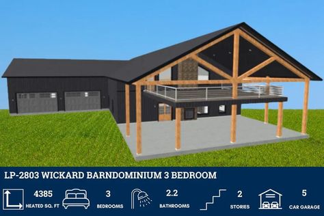 LP-2803 Wickard Barndominium House Plan About this barndominium house plan:  4385 Heated square feet 3522 Attached 4 car garage 3 bedrooms 2.2 bathrooms 2 Story Loft Mudroom Outdoor fireplace Covered balcony Open Concept    The Wickard barndominium house plan is 4385 heated square feet and features 3 bedrooms, 2 full bathrooms, and 2 half bathrooms. The open-concept floor plan allows for the whole family to feel connected when in the main living area of the home.  An amazing feature that owners love about this home is the separate garages that are attached to the home that cover over 3000 square feet of garage space with the bigger garage having a half bath within it.   The master bathroom has an en-suite bathroom and a large walk-in closet with an island in the middle of the closet to fol 2 Story Barndominium With Balcony, Barndominium In The Woods, Barndominium Blue Prints, Barndominium Fireplace Ideas, Shop House Barndominium, Mountain Barndominium, Barndominium With Basement, Post Beam House Plans, 2 Story Barndominium Floor Plans