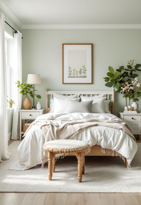 Sage Green Farmhouse Bedroom Light Green Feature Wall Bedroom, Master Bedrooms Sage Green Accent, Green Neutral Bedroom Ideas, Sage Green Bedroom White Furniture, Green Gray Bedroom Walls, Pale Green Bedroom Aesthetic, Light And Airy Guest Bedroom, Light Sage Bedroom Walls, Light Sage Green Bedroom Ideas