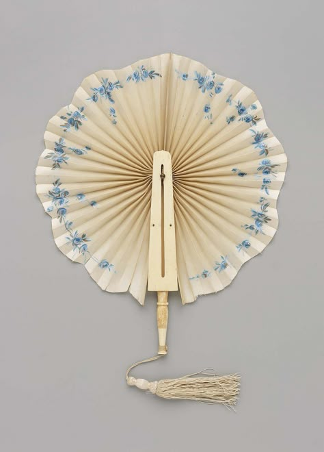 1875, America - Cockade fan - Silk, pigment, ivory, brass, silk cord and tassel Victorian Fan, Rose Border, Blue And Bronze, Chinese Fan, Antique Fans, Vintage Fans, Hand Fans, School Accessories, Paper Fans