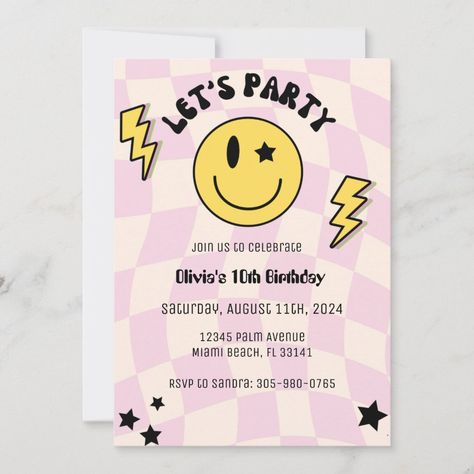 Preppy Light Pink Y2K Smiley Birthday Invitation Preppy Invitation Card, Smiley Face Invitations, Preppy 12th Birthday, Preppy Birthday Invitations, Light Pink Y2k, Smiley Birthday, Smile Birthday, 12th Birthday Party Ideas, Birthday Smiley