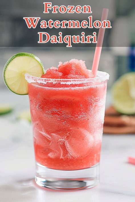 The Frozen Watermelon Daiquiri is a refreshing and vibrant summer cocktail made with frozen watermelon cubes, rum, lime juice, and simple syrup. This blend of fresh and tangy flavors is perfect for cooling down on a hot day, offering a sweet and slightly tart taste that is both delightful and invigorating. Summer Rum Cocktails, Dark Rum Cocktails, Rum Cocktails Easy, Watermelon Cubes, Cocktails To Make At Home, Rum Cocktail Recipes, Frozen Watermelon, Rum Cocktails, Rum Cocktail