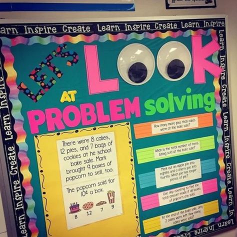 Take a look at this problem-solving bulletin board—those googly eyes are beyond cute. Image Source: Instagram: Classroom Inspirations Math Boggle, Ideas For The Classroom, Maths Display, Math Bulletin Boards, Play Math, Creative Math, Math Boards, Math Talk, Bulletin Board Ideas