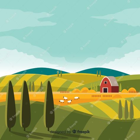 Free Vector | Flat design farm landscape background Farm Landscape Illustration, Illustration Countryside, 2d Landscape, Illustrations Ideas, Farm Vector, Farm Landscape, Life Drawing Reference, Bathroom Design Layout, Design Fields