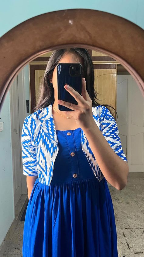 radoss_by_subhashree on Instagram: Royal blue over coat dress Price : 1599 + shipping Visit our website to place order #cottondress #flowerprint #ikkat #cotton #handloom… Short Coat Dresses For Women, Cotton Jackets Women Casual, Ikkat Short Tops, Overcoat For Frocks, Cotton Dress With Jacket, Coat Frocks For Women, Frock With Overcoat For Women, Shrug And Dress Outfit, Over Coats On Kurtis Short