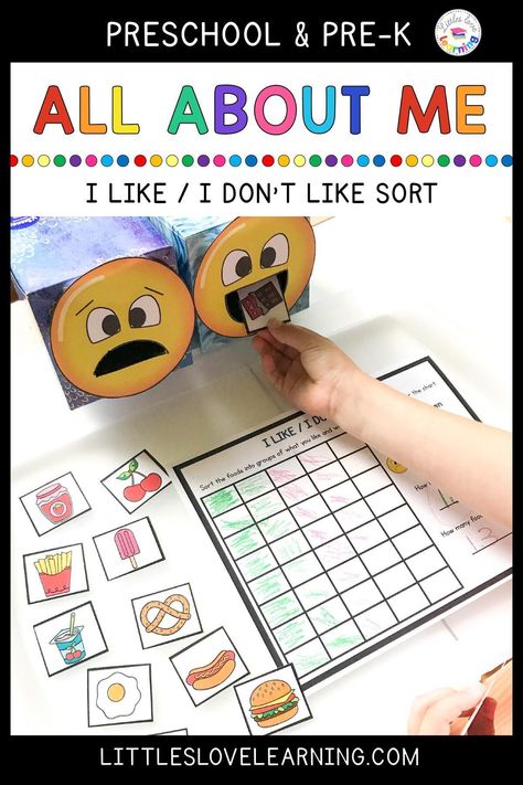 All About Me activities for Preschool, Pre-K, & Kindergarten. This post includes 20+ of the best activities for your All About Me theme for back to school. These centers & hands-on activities are perfect for your early childhood classroom or homeschool. Ideas include literacy, math, fine motor, sensory bin, art, & STEM. Your little learner will LOVE this unit if they love sharing about themselves. Add these to your lesson plans and have fun learning through play! #preschool #prek #kindergarten All About Me Preschool Theme Lesson Plans, All About Me Sorting Activities, Learning Centre Activities Preschool, Prek All About Me Ideas, All About Me Learning Centers, All About Me Preschool Theme Dramatic Play, What Do I Like Preschool Activities, Self Concept Activities For Preschoolers Preschool All About Me, All About Me Preschool Theme Sensory Bin