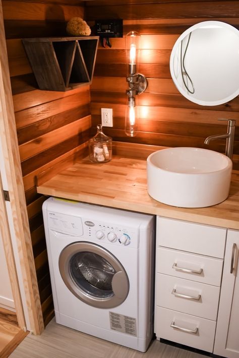 Washer And Dryer Under Bathroom Sink, Washer In Bathroom, Japandi Condo, Bathroom With Washer, Tiny Home Bathroom, Schoolie Conversion, Tiny House Laundry, Scandi Cabin, Tiny Sink