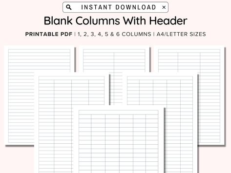 Printable Blank Columns Charts With Header One, Two, Three, Four, Five and Six Columns Table Worksheets PDF, A4/Letter, Instant Download Table Chart Template, Column Chart, One Two Three, Instant Download Etsy, Marketing Strategy, Instant Download, Quick Saves