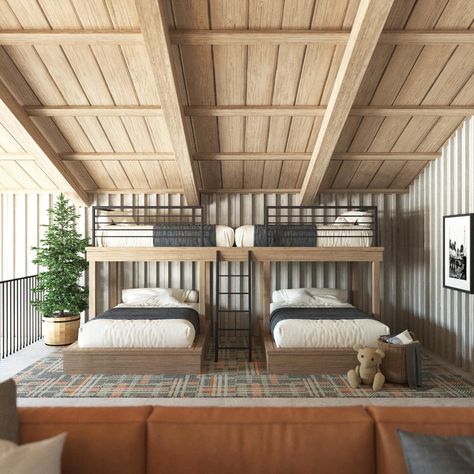 HOMEWARDesign | This is the ultimate cabin loft! 😍😍😍 #homewardesign #beyondthefloorplan #loft #loftstyle #loftdesign #lofts #loftinterior #loftliving... | Instagram Cabin Bunk Room, Cabin Bedrooms, Mountain Bedroom, Cabin Bunk Beds, Modern Bunk, Nantucket House, Bed Inspo, Star Valley, Cabin Loft