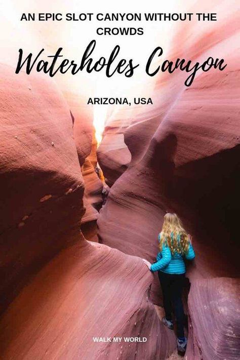 Looking for an alternative to Antelope Canyon? Waterholes is it! Read about how to explore this stunning Arizona slot canyon, what to expect, how to book, what it costs and a detailed explanation of everything you need to know. | waterholes arizona slot canyon | slot canyons near page arizona | slot canyons in arizona | slot canyons page arizona | arizona slot canyons | waterhole canyon arizona | alternative to antelope canyon | antelope canyon alternatives Antelope Canyon Arizona, Page Az, Lower Antelope Canyon, Page Arizona, Hiking Adventures, Destination Ideas, Slot Canyon, How To Book, Usa Travel Guide