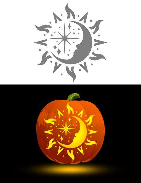 Sunflower Pumpkin Carving Stencil, Just Married Pumpkin Carving, Punkin Carving Stencil, Sun And Moon Pumpkin Carving Stencil, Pumpkin Carving Constellation, Cute Paintings For Pumpkins, White Pumpkin Decorating Ideas Paint, Pumpkin Carving Ideas Templates Free Printable, Pumpkin Carving Ideas Moon And Stars