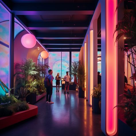 immersive lobby expeirence, digital screens, colored pillars, crowd of people Immersive Room Projection, Futuristic Lounge Design, Metaverse Interior Design, Immersive Interior Design, Immersive Experience Design, Futuristic Lounge, Futuristic Office Design, Lounge Aesthetic, Wall Screen