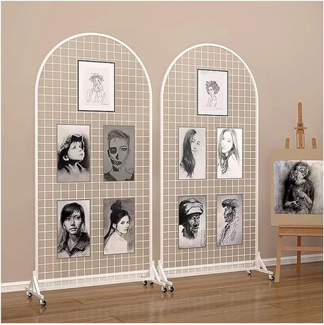 Amazon.com: Etlegor Gridwall Panel Display Stand Set of 2, Heavy Movable Floorstanding Grid Wall Panels Craft Show Wire Grid Wall with T-Base and Caster Wheels with 40 Hooks (Color : White, Size : 80x120cm) : Industrial & Scientific Grid Wall Photo Display, Tshirt Wall Display Ideas, Grid Wall Retail Display, Gridwall Display Ideas, Plushie Display, Grid Wall Panel, Wire Grid Wall, Picture Placement, Craft Tables