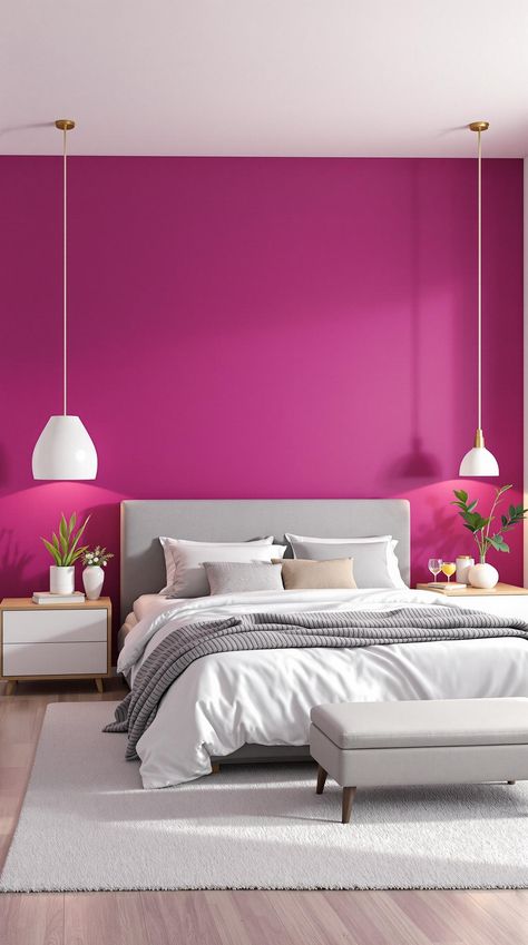 Pink Bedroom Ideas Magenta Feature Wall, Fuschia Accent Wall, Magenta Accent Wall, Bright Pink Bedroom, Magenta Bedroom, Magenta Bedrooms, Modern Pink Bedroom, Magenta Walls, Hot Pink Bedrooms