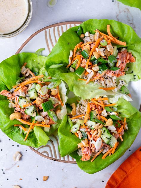 Light but filling, nutrient-dense and wildly flavorful, these salmon lettuce wraps are perfect for an easy dinner or meal prep lunches! Honey Ginger Dressing, Salmon Lettuce Wraps, Meal Prep Lunches, Sea Foods, High Protein Dinner, Honey Ginger, Healthy Salmon, Ginger Dressing, Easy Salmon