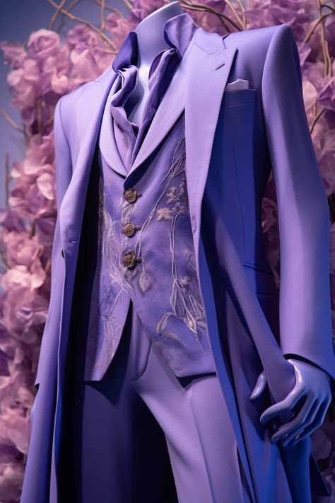 Bluebell inspired suit Royalty Outfits Men, Light Blue Fantasy Outfit Male, Purple Fantasy Suit Male, Purple Victorian Outfit Male, Purple Prince Aesthetic, Male Fantasy Clothing Design, Prince Purple Rain Outfit, Prince Purple Aesthetic, Male Fantasy Clothing