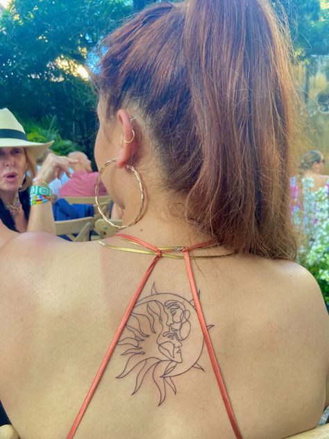 Big Sun And Moon Tattoo, Moon Kissing Sun Tattoo, Intricate Sun And Moon Tattoo, Sun Kissed Tattoo, Spine Tattoo Sun And Moon, Sun Moon Spine Tattoo, Sun And Moon Tattoo Placement, Moon Inside Sun Tattoo, One Line Sun Tattoo