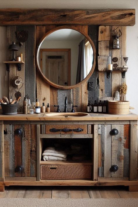 Bring the warmth of the countryside to your bathroom with this vanity made from authentic reclaimed barn wood. #RusticVanity #ReclaimedWood Farmhouse Bathroom Vanity Ideas, Barn Wood Bathroom, Barn Bathroom, Cabin Bathroom, Rustic Vanity, Farmhouse Bathroom Vanity, Cabin Bathrooms, Vanity Ideas, Rustic Retreat