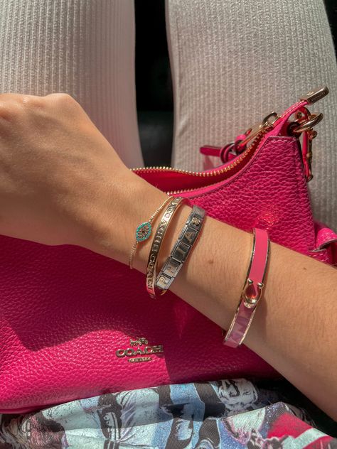 A coach fan to say the least #pink #accessories #bangles Coach Bracelets Bangles, Coach Bangle Bracelet, Bangle Outfit, Coach Bracelets, Coach Bangle, Material Gworl, Silver Bracelet Stack, Birthday Haul, Italian Bracelet