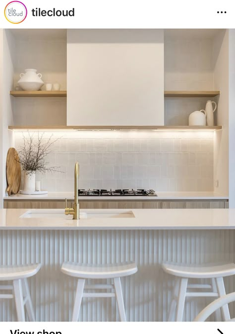 Scandi Kitchen Splashback Ideas, White Kitchen Wooden Benchtop, Timber Splashback Kitchen, White Kitchen Timber Benchtop, Vj Panelling Kitchen Island Bench, Neutral Splashback, Bunnings Kitchen Kaboodle, White And Timber Kitchen, Small Coastal Kitchen