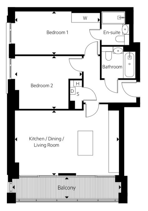 2 bedroom floor plan with open living space, kitchen island and London balcony 2 Bed Apartment Floor Plan, London Balcony, Australian Apartment, 2 Bedroom Apartment Floor Plan, Condo Floor Plans, Double Storey House Plans, 2 Bedroom Floor Plans, Floor Plan With Dimensions, Rooftop Apartment