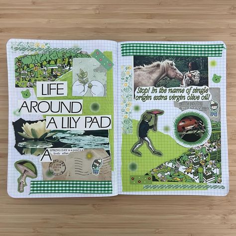 Photo Collage Handmade, Green Junk Journal Page, Green Scrapbook Ideas, Green Theme Journal, Collage Scrapbook Layouts, Journal Types, Scrap Collage, Journal Art Ideas, Green Scrapbook