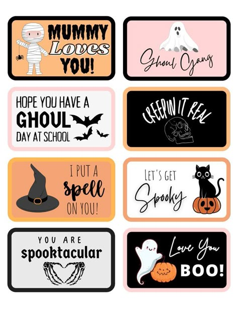 Free printable Halloween lunchbox notes Free Printable Halloween Lunch Box Notes, Halloween Notes For Kids, Halloween Lunchbox Ideas, Halloween Lunchbox Notes, Halloween Free Printables, Halloween Notes, Halloween Lunch Ideas, Halloween Lunch Box Notes, School Lunch Notes