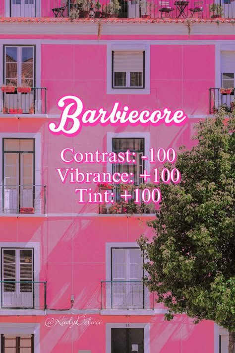 Barbie core filter tutorial. Contrast -100, Vibrance +100, tint +100. Barbie Photo Edit, Barbie Filter Iphone, Barbie Filter Instagram, Pink Tint Photo Edit, Pink Aesthetic Filter, Barbie Core Aesthetic, Barbie Filter, Old Photo Filter, Filter Apps