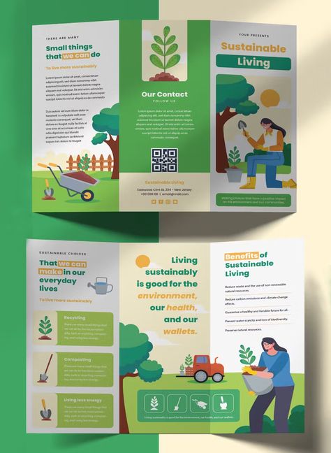 Sustainable Living Tri Fold Brochure Template AI, EPS Trifold Layout Design, Infographic Brochure Design Layout, Information Brochure Design, Folding Brochure Design, Sustainability Design Poster, Trifold Poster Ideas, Green Brochure Design, Sustainability Brochure, Leaflet Design Layout