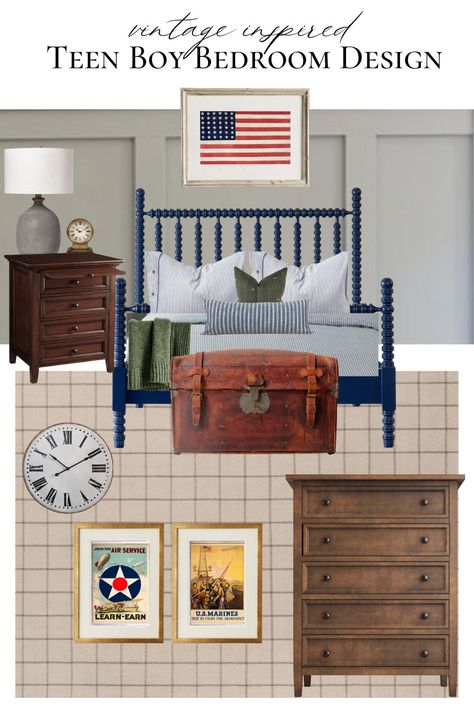 Boys Usa Bedroom, Vintage Teen Boy Bedroom, Americana Boy Bedroom, Boy Desk Ideas, Boys Americana Bedroom, Vintage Boys Room Decor, Traditional Boys Room, Vintage Americana Bedroom, Teen Boy Desk