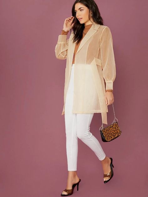 Sheer Organza Waist Tie Blazer | SHEIN USA Organza Kimono, Organza Outfit, Organza Outer, Outer Organza, Organza Fashion, Organza Tops, Transparent Outfit, Tie Blazer, Abaya Designs Latest