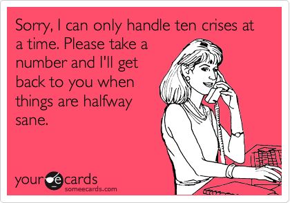 Funny Workplace Ecard: Sorry, I can only handle ten crises at a time. Please take a number and I'll get back to you when things are halfway sane. First Day Back To Work Quotes, Social Worker Memes, Counselor Humor, Social Work Quotes, Nurses Week Quotes, Therapist Humor, Work Funnies, Social Work Humor, Charge Nurse