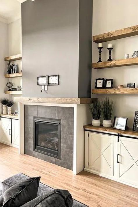 Loving the cozy yet modern vibes of these floating shelves next to the fireplace! 🔥 Perfect for displaying decor or adding extra storage without taking up precious floor space. Check out more tips on how to style your small living room on our blog! #smalllivingroomideas #floatingshelves #tinyhousedecor Living Room Floating Shelves Around Tv, Floating Shelves By Fireplace, Floating Shelves Next To Fireplace, Shelves Next To Fireplace, Floating Shelves Entertainment Center, Grey Floating Shelves, Built In Around Fireplace, Sleek Fireplace, Modern Floating Shelves