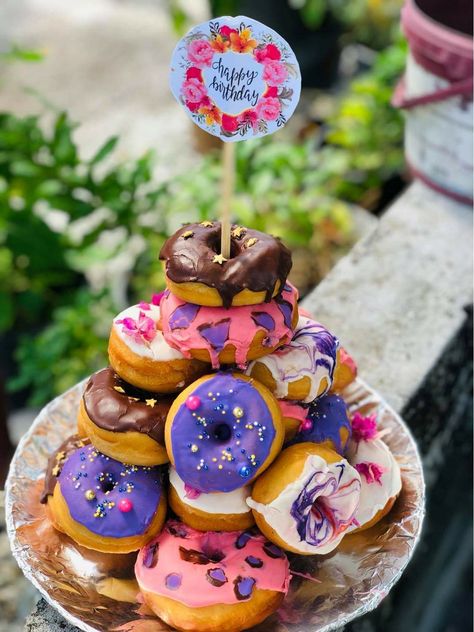 Donut Tower Cake Birthday, Donut Cake Birthday Tower, Mini Donut Tower Birthday, Birthday Donuts Ideas, Mini Donut Cake Tower, Mini Donut Birthday Cake Tower, Doughnut Cake Tower, Doughnut Cake Birthday Tower, Donut Craft