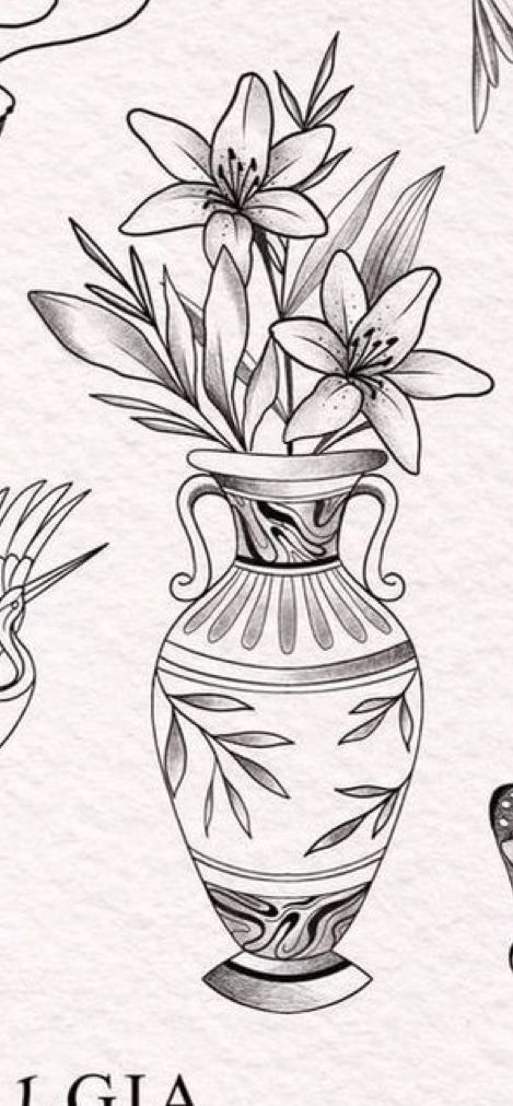 Greek Vase Tattoo Simple, Vase Tattoo Ideas, Kintsugi Vase Tattoo, Floral Vase Tattoo, Roman Vase Tattoo, Traditional Flower Vase Tattoo, Japanese Vase Tattoo, Plant Vase Tattoo, Flowers In Vase Tattoo