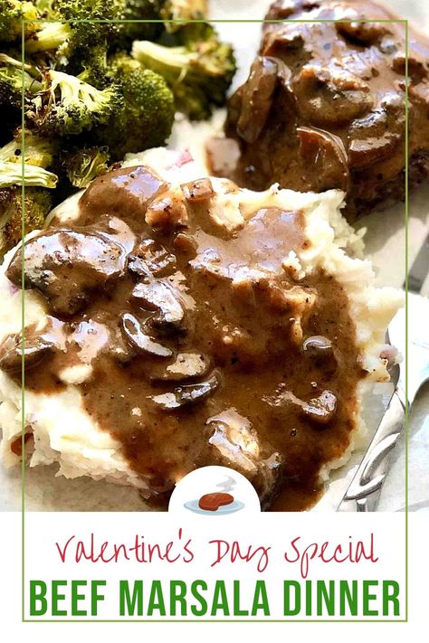 mashed potatoes with gravy, beef and broccoli on a white plate. Beef Marsala Recipes Crock Pot, Beef Marsala Recipes, Steak Marsala Recipe, Beef Marsala, Steak Marsala, Beef Roast Crock Pot, Ways To Cook Steak, Beef Tenderloin Recipes, Marsala Recipe