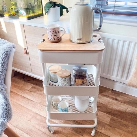 Ikea Raskog Cart Kitchen, Ikea Cart Coffee Station, Raskog Cart Kitchen, Coffee Cart At Home, Coffee Trolley Ideas, Coffee Trolly, Ikea Raskog Cart Ideas, Kitchen Trolley Ideas, Parisian Room Decor