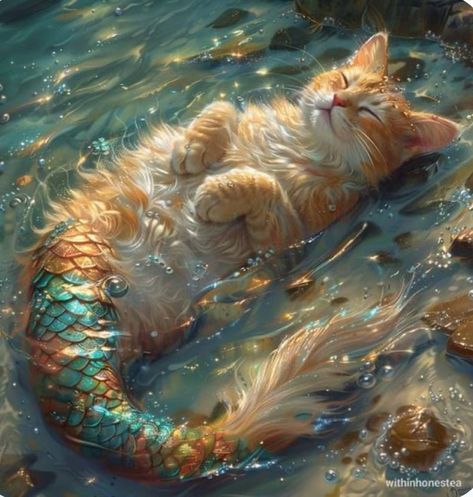 Sea Drawings, Mermaid Cat, Consciousness Art, Cute Animals Puppies, Cute Fantasy Creatures, Mermaids And Mermen, Mermaid Art, Cat Painting, Cat Tattoo