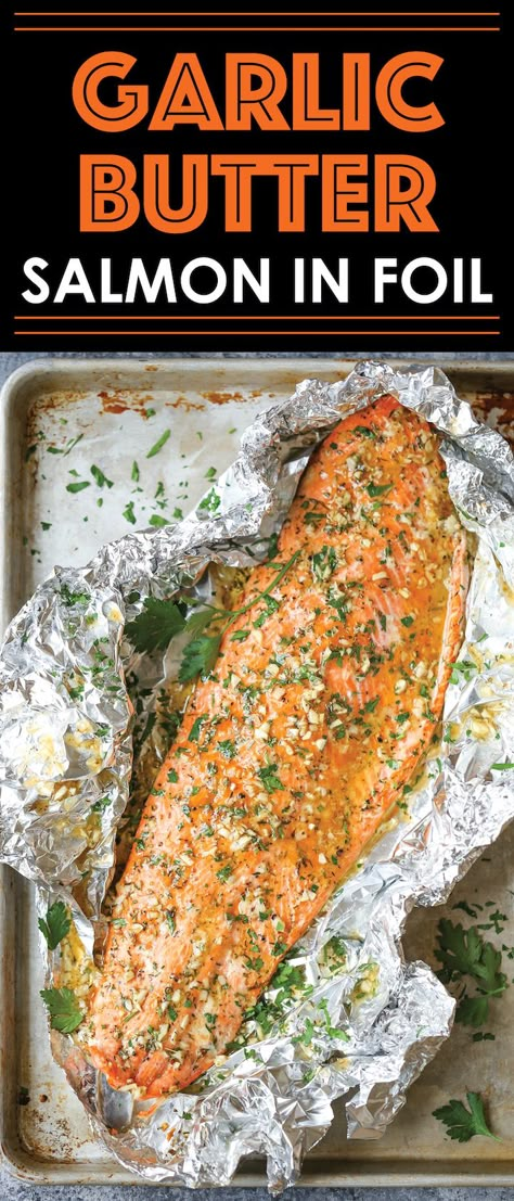 Garlic Butter Salmon in Foil - Easiest tin foil dinner! Simply bake right in your foil packet. Quick, easy, and effortless with seriously zero clean-up!! Garlic Butter Salmon In Foil, Tin Foil Dinners, Salmon In Foil, Foil Dinners, Garlic Butter Salmon, Foil Packet, Butter Salmon, Salmon Dishes, Fish Dinner