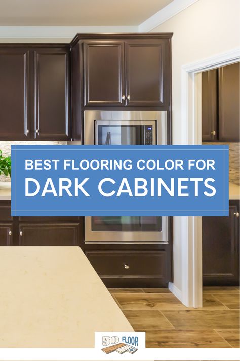 Dark cabinets bring a rich, elegant look to your kitchen, and pairing them with the right flooring can really enhance the space. Avoid selecting a dark floor if you have dark cabinets; this can create the illusion of an enclosed space and make your kitchen feel smaller. A paler floor color can create a wider, more open space and make your kitchen look lighter! #flooringideas #kitchendesign Dark Cabinets Oak Floors, Floors With Dark Cabinets Kitchen, Flooring With Espresso Cabinets, Floors For Dark Cabinets Kitchen, Wood Floor With Dark Cabinets, What Color Floor With Dark Cabinets, Light Floors And Dark Cabinets, Wood Flooring With Dark Cabinets, Dark Floor With Dark Cabinets