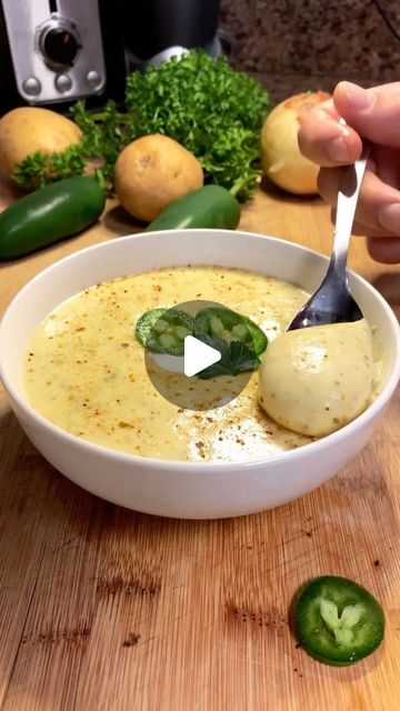 1.2M views · 34K likes | Ryan Pauly on Instagram: "Creamy jalapeño potato soup / dip 🥔 this recipe does not require any pots or pans to make it. The heat from the potato will warm everything. This can be made into a dip using less liquid ingredients as well.  Ingredients  1 large russet potato (on sale) @meijerstores  1 jalapeño  1/2 onion 1 garlic clove 1 teaspoon onion powder 1 teaspoon garlic powder 1 tablespoon fresh cilantro (optional) 1 teaspoon smoked paprika 1/4 cup milk 1/4 cup chicken broth  To start bake your potatoes in the microwave to save time. Poke wholes in the potato and microwave on high for 4 minutes until soft. In an airfryer or oven begin roasting jalapeño, half of onion and garlic at 400F until lightly charred. To a blender add in your potato, veggies , milk broth a Jalapeno Potato Soup, Perfect Potatoes, Creamy Jalapeno, Soups Stews Chilis, Soup Beans, Onion Soup Recipes, How To Make Potatoes, Potato Onion, Cold Soup