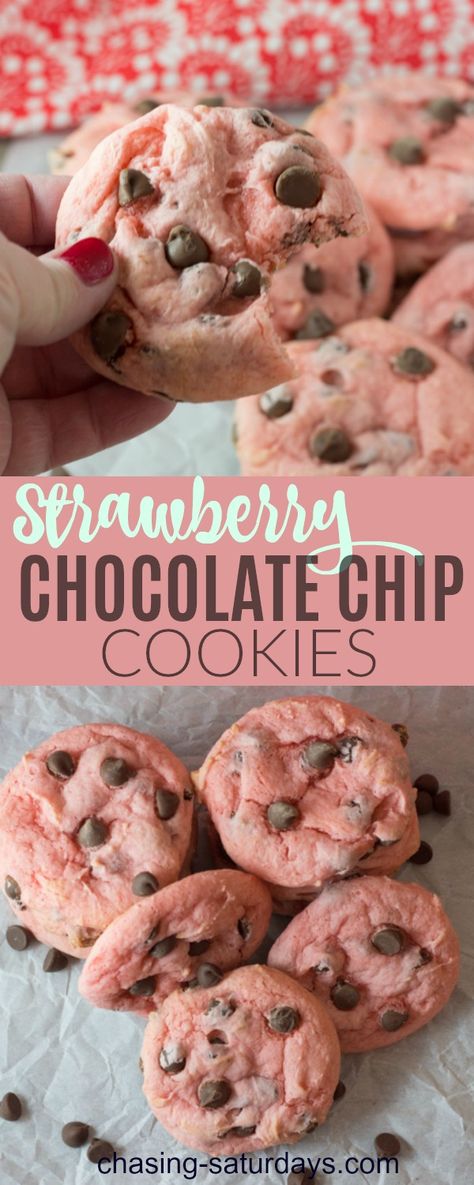 Strawberry Chocolate Chip Cookies Things To Make With Strawberry Box Cake, What To Make With Strawberry Box Cake, Box Cake Cookies, Valentine Treat Boxes, Strawberry Chocolate Chip, Strawberry Chocolate Chip Cookies, Strawberry Cake Mix Cookies, Box Cake Recipes, Postre Keto