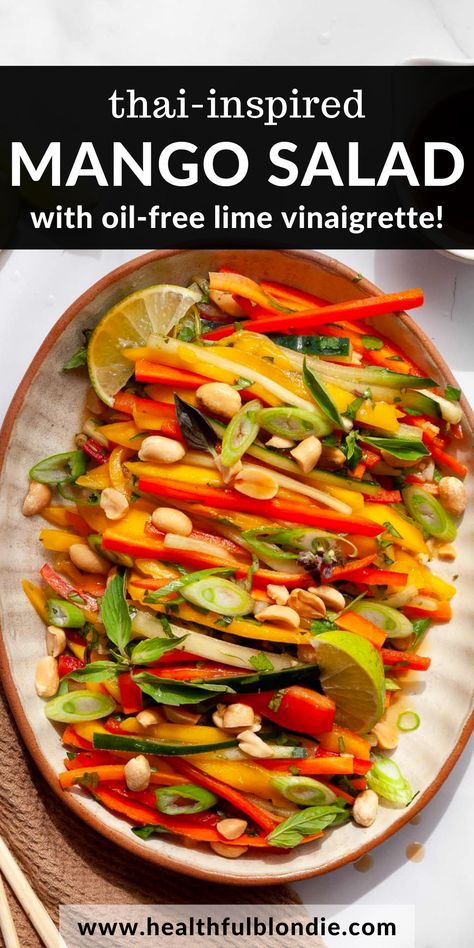 easy Thai mango salad recipe is light, healthy, and vegan Thai Vegetable Side Dish, Thai Inspired Salad, Thai Cucumber Carrot Salad, Thai Green Mango Salad, Thai Side Dishes, Thai Mango Salad, Easy Thai Recipes, Thai Mango, Vegetarian Lunch