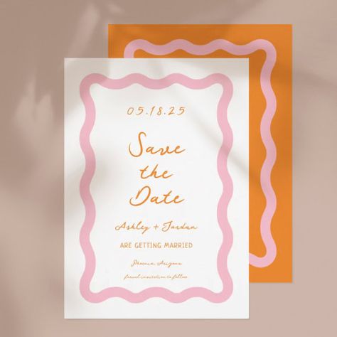 Pink And Orange Wedding Stationary, Squiggle Invite, Pink Orange Invitation, Wavy Wedding Invitations, Wedding Invitations Retro, Pink Orange Wedding Theme, Pink And Orange Wedding Invitations, Wedding Invitations Colorful, Wavy Invitation