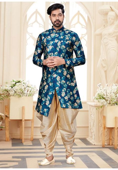 Peacock Blue Jacquard Designer Indo Western Sherwani With Dhoti, Dhoti Sherwani, Blue Sherwani, First Birthday Dresses, Men's Ethnic Wear, Dress Suits For Men, Fancy Buttons, Utsav Fashion, Indian Groom