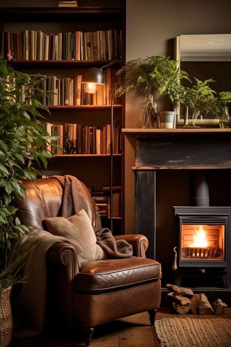 Lounge Reading Corner, Small Window Reading Nook, Small Whiskey Room, Small Reading Nook Ideas, Reading Nook With Fireplace, Home Den Ideas, Reading Chairs Comfy, Bedroom Reading Nook Cozy Corner, Fireplace Sitting Room