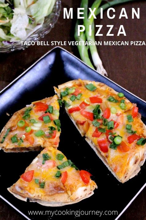 This Taco Bell style Mexican Pizza (Vegetarian recipe) is so quick to make and can be enjoyed anytime at home without having to drive over to Taco Bell. #tacobell #vegetarian #pizza #mexican #cheese #beans #mycookingjourney #takeout Take Out Recipes, Vegetarian Mexican Pizza, Mexican Pizza Taco Bell, Taco Bell Pizza, Veg Tacos, Cheese Beans, Pizza Vegetarian, Pizza Taco, Mexican Pizza Recipe