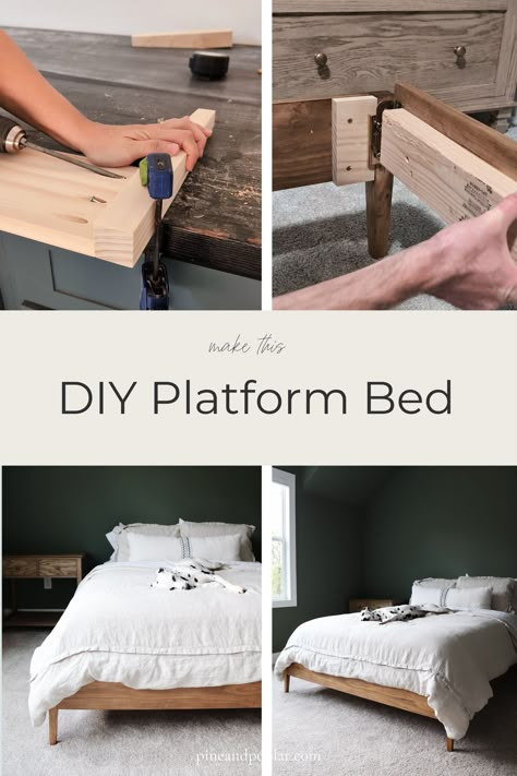 Learn how to build a DIY bed frame at home. Building a bed frame might feel overwhelming, but this guide makes it simple. Save this pin for quick reference when you're ready. Diy King Bed Frame Easy Platform, Sturdy Bed Frame Diy, How To Make A Platform Bed Frame, Homemade Wood Bed Frame, Build Bed Frame Diy, Diy Low Profile Bed Frame, Diy Bedframe Queen Easy, Diy Queen Bed Frame Easy, Low Bed Frame Diy